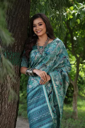 Firozi tussar silk blend weaving saree with zari woven fancy tassels 