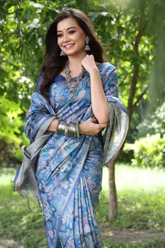 Blue tussar silk blend weaving saree with zari woven fancy tassels 