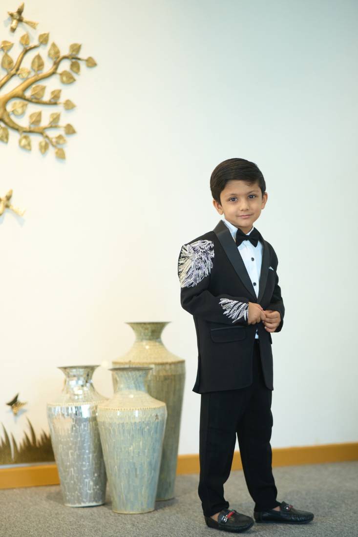 Black baby boy party wear coat suit set with lion embroidery