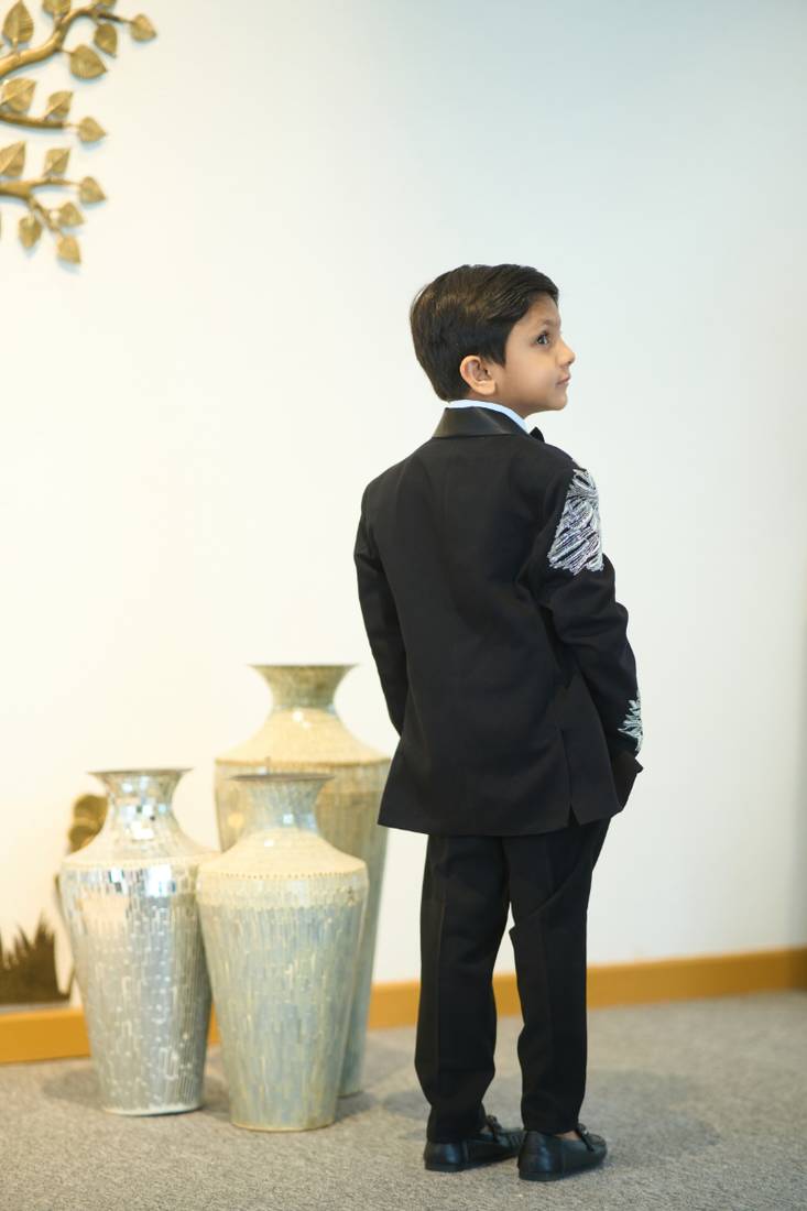 Black baby boy party wear coat suit set with lion embroidery