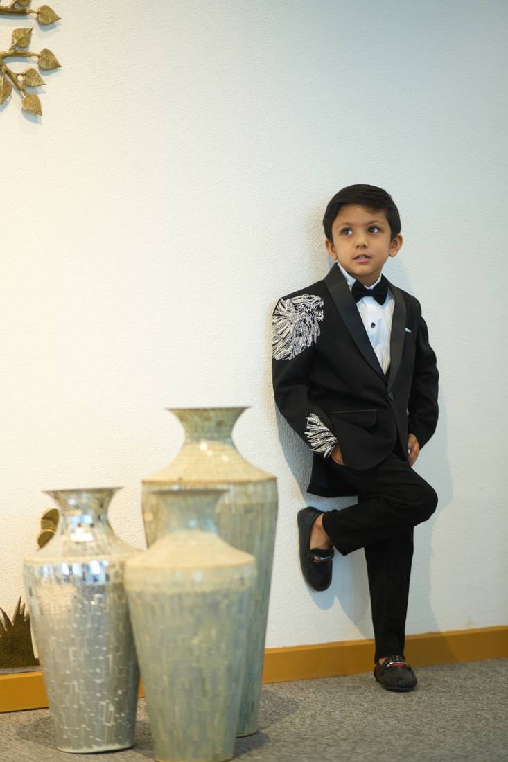 Black baby boy party wear coat suit set with lion embroidery