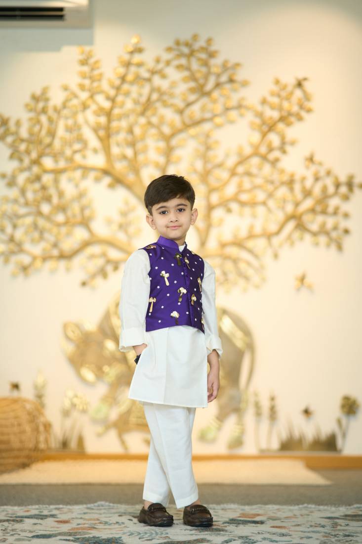 White kurta set with koti for boy kids