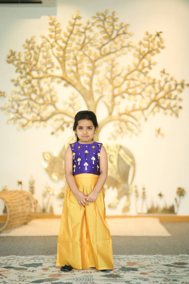 Yellow and purple birthday wear co-ord for kid girls