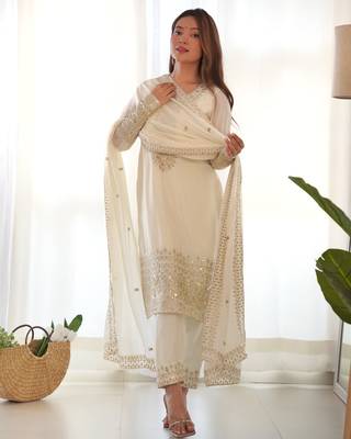Chinon Silk Fabric Straight Fit Kurta With Dupatta, Pant 1