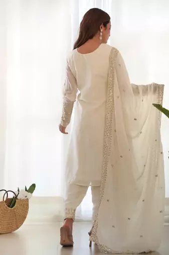 Chinon Silk Fabric Straight Fit Kurta With Dupatta, Pant