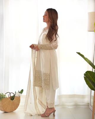 Chinon Silk Fabric Straight Fit Kurta With Dupatta, Pant 4