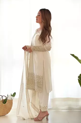 Chinon Silk Fabric Straight Fit Kurta With Dupatta, Pant