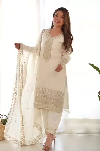Chinon Silk Fabric Straight Fit Kurta With Dupatta, Pant