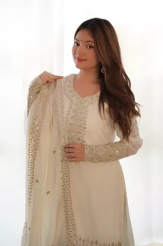 Chinon Silk Fabric Straight Fit Kurta With Dupatta, Pant