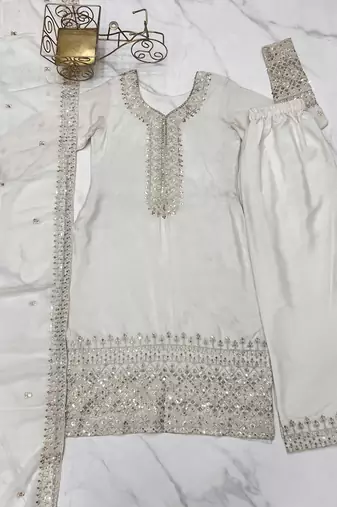 Chinon Silk Fabric Straight Fit Kurta With Dupatta, Pant