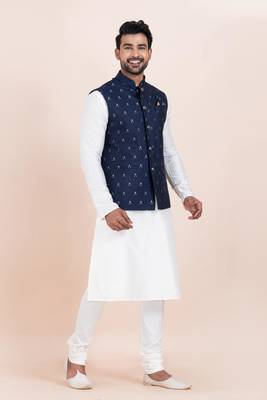 Woven Kurta Pyjama Waistcoat Set For Mens 2