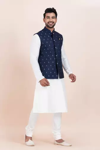Woven Kurta Pyjama Waistcoat Set For Mens