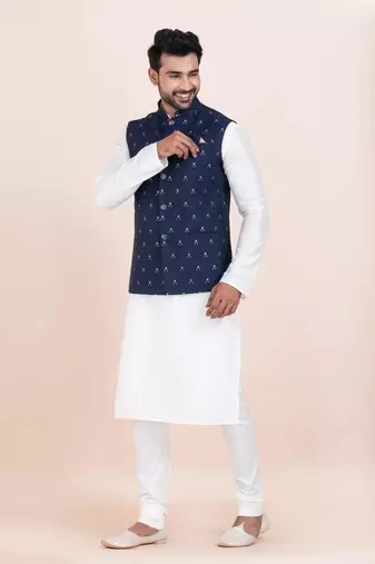 Woven Kurta Pyjama Waistcoat Set For Mens
