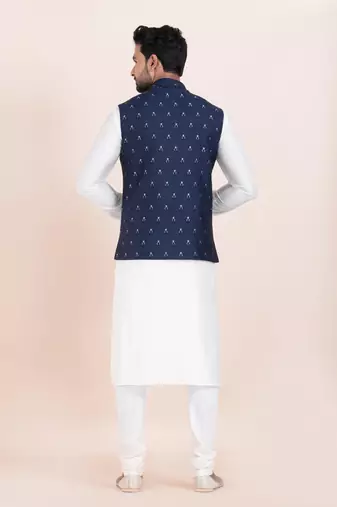 Woven Kurta Pyjama Waistcoat Set For Mens