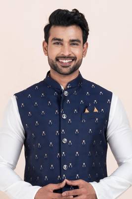 Woven Kurta Pyjama Waistcoat Set For Mens 5
