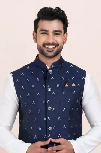 Woven Kurta Pyjama Waistcoat Set For Mens