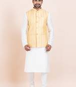 Woven Kurta Pyjama Waistcoat Set For Mens