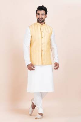 Woven Kurta Pyjama Waistcoat Set For Mens 2