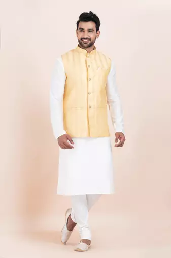 Woven Kurta Pyjama Waistcoat Set For Mens