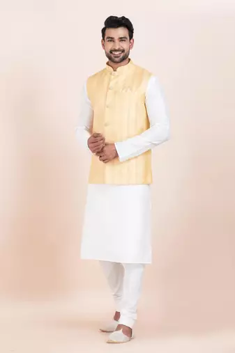Woven Kurta Pyjama Waistcoat Set For Mens
