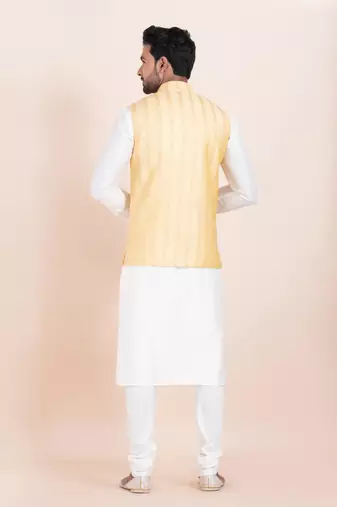 Woven Kurta Pyjama Waistcoat Set For Mens