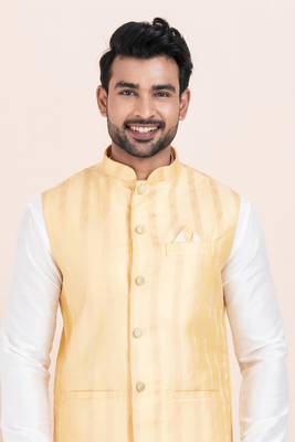 Woven Kurta Pyjama Waistcoat Set For Mens 5