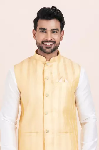 Woven Kurta Pyjama Waistcoat Set For Mens