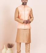 Woven Kurta Pyjama Waistcoat Set For Mens
