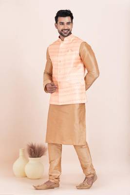 Woven Kurta Pyjama Waistcoat Set For Mens 2