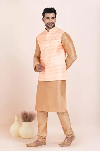Woven Kurta Pyjama Waistcoat Set For Mens