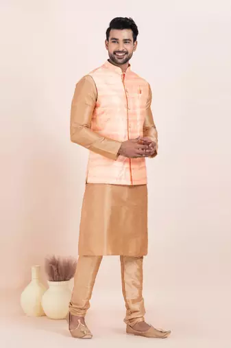 Woven Kurta Pyjama Waistcoat Set For Mens