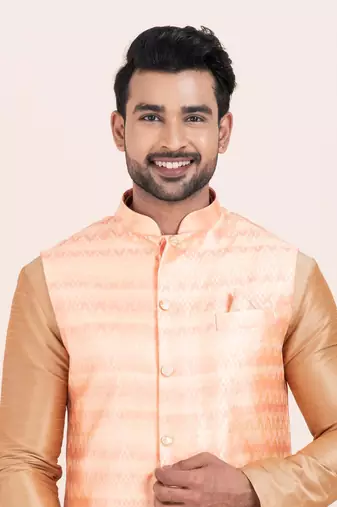 Woven Kurta Pyjama Waistcoat Set For Mens