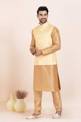 Woven Kurta Pyjama Waistcoat Set For Mens 1