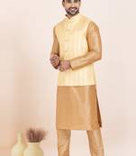 Woven Kurta Pyjama Waistcoat Set For Mens