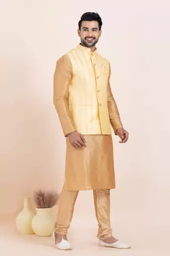 Woven Kurta Pyjama Waistcoat Set For Mens