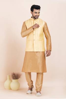 Woven Kurta Pyjama Waistcoat Set For Mens 3