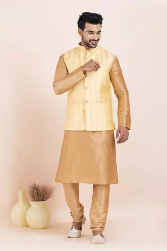 Woven Kurta Pyjama Waistcoat Set For Mens