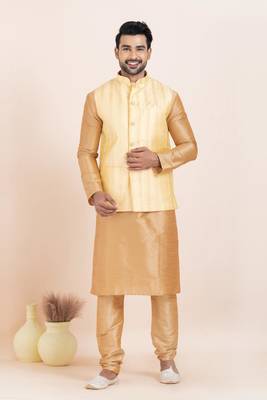 Woven Kurta Pyjama Waistcoat Set For Mens 5