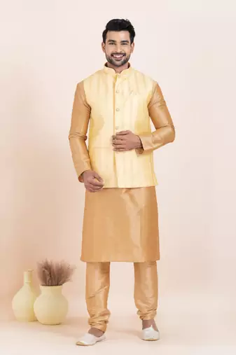 Woven Kurta Pyjama Waistcoat Set For Mens