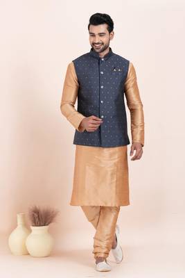 Woven Kurta Pyjama Waistcoat Set For Mens 1