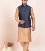 Woven Kurta Pyjama Waistcoat Set For Mens