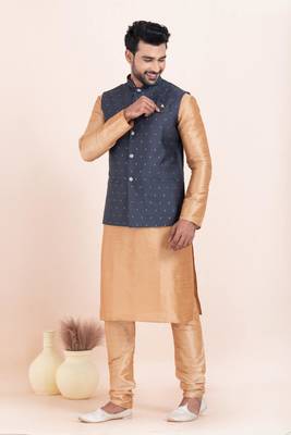 Woven Kurta Pyjama Waistcoat Set For Mens 2