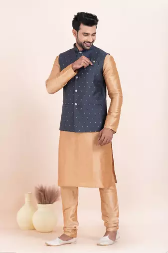 Woven Kurta Pyjama Waistcoat Set For Mens