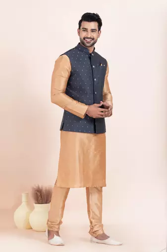 Woven Kurta Pyjama Waistcoat Set For Mens