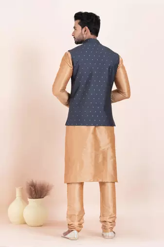Woven Kurta Pyjama Waistcoat Set For Mens