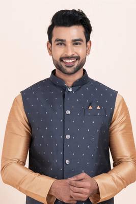 Woven Kurta Pyjama Waistcoat Set For Mens 5
