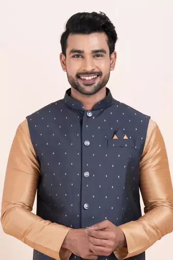 Woven Kurta Pyjama Waistcoat Set For Mens