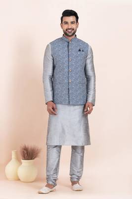 Woven Kurta Pyjama Waistcoat Set For Mens 1