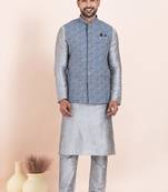 Woven Kurta Pyjama Waistcoat Set For Mens