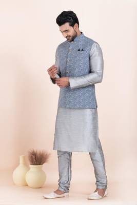 Woven Kurta Pyjama Waistcoat Set For Mens 2